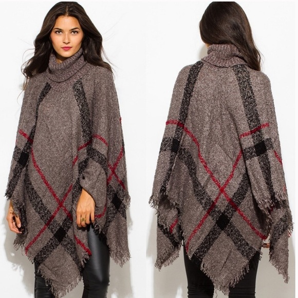 Boutique Sweaters - 🎁TODAY ONLY🎁 NIP Charcoal Gray Plaid Turtleneck Sweater Poncho